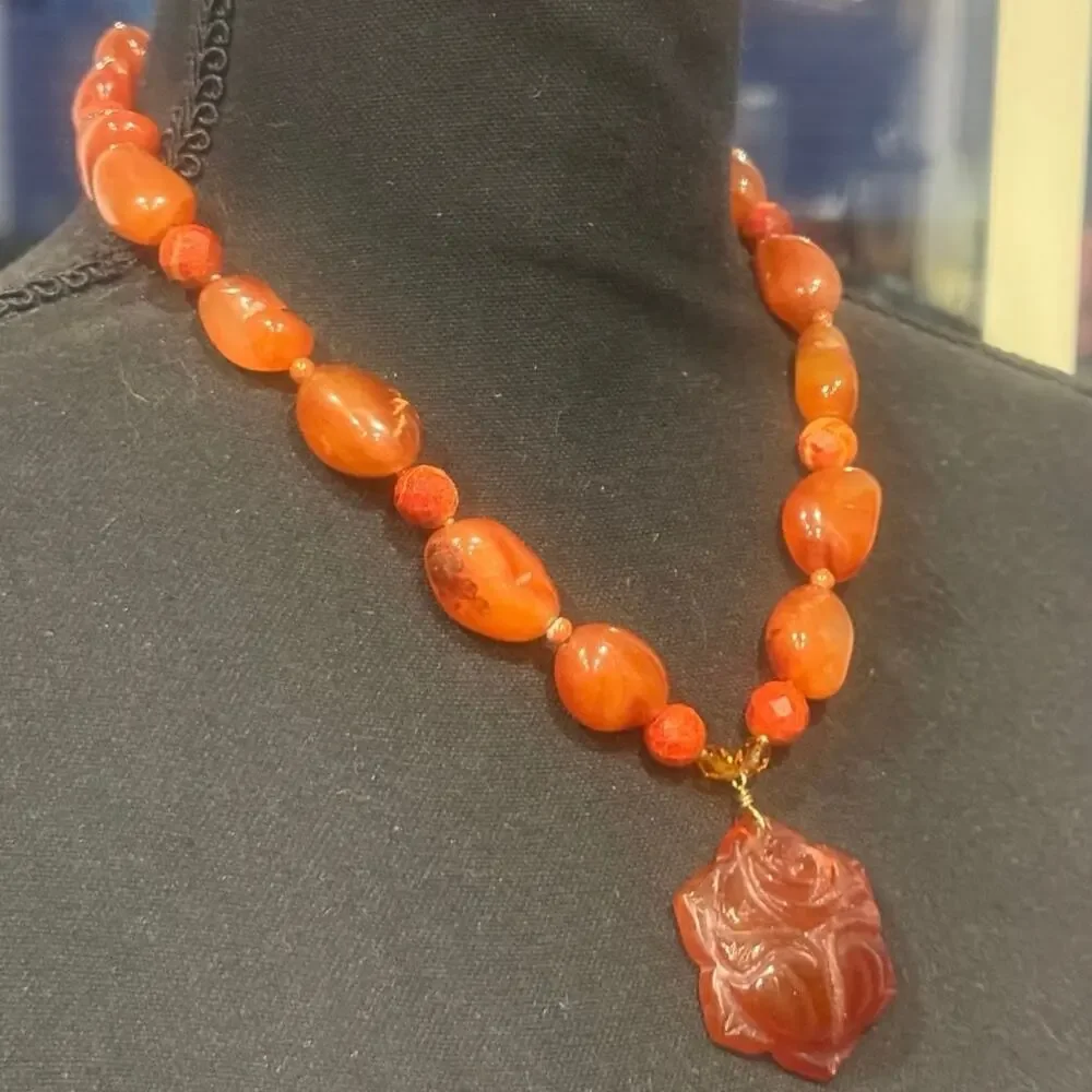 Vintage Korea Carnelian Rose Pendant Necklace Hand Carved Statement Floral 111g